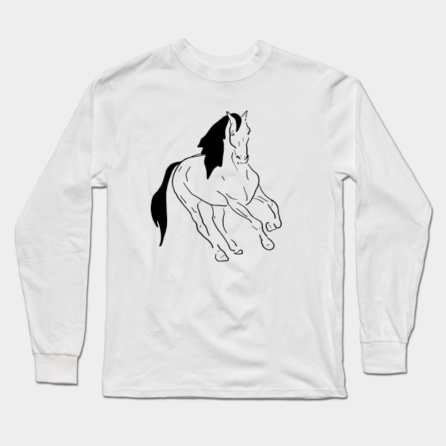 Black line art running horse Long Sleeve T-Shirt by RedHeadAmazona